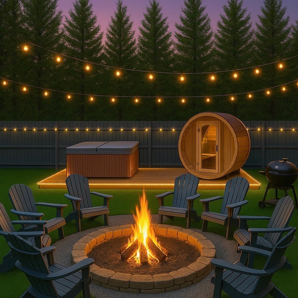 Beautiful New Barrel Sauna & Hot-tub directly behind the oversized Fire-pit!